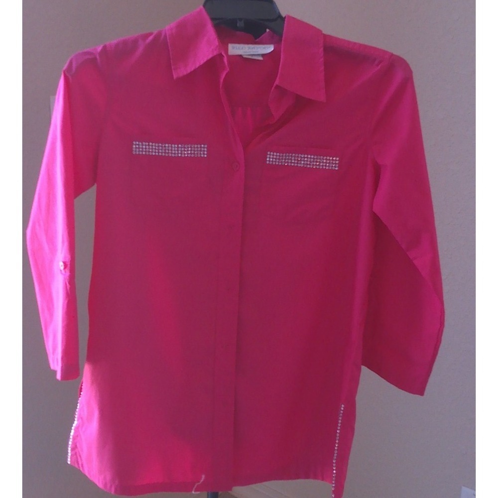 BLEU BAYOU CASUAL WEAR PINK 3/4 SLEEVE TOP WITH RHINSTONE ACCENTS SIZE SMALL